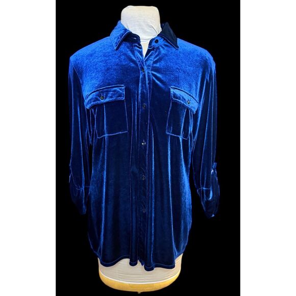 Peck & Peck Midnight Blue Velour Blouse Sz. XL Holidays Occasion Stretch - Picture 2 of 6